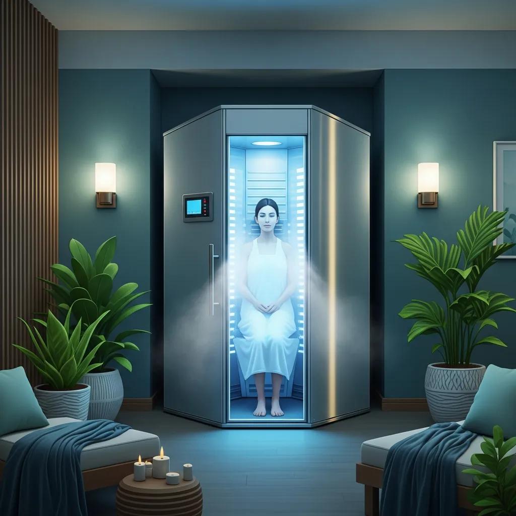 Person inside a cryotherapy chamber, illustrating potential hormone and anti-aging benefits