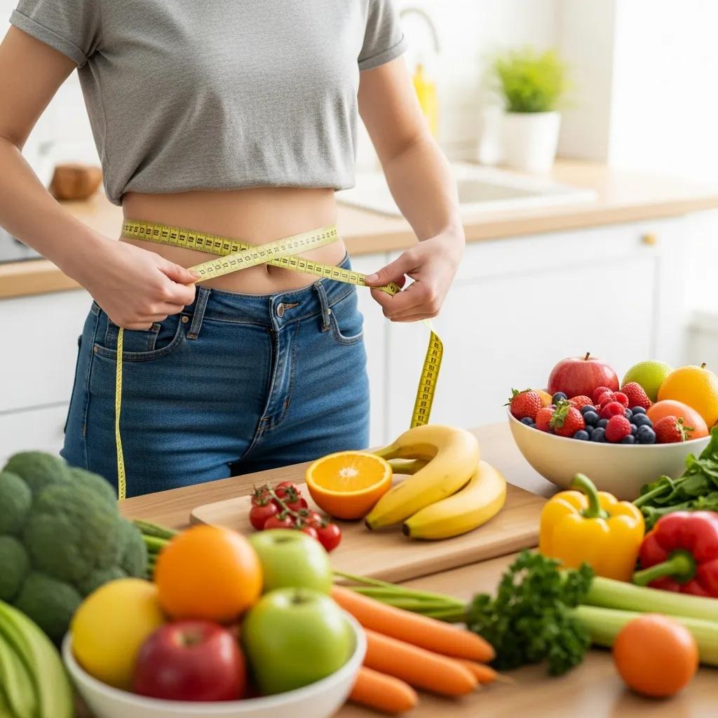Individual measuring waist with tape measure surrounded by healthy foods, illustrating metabolic health