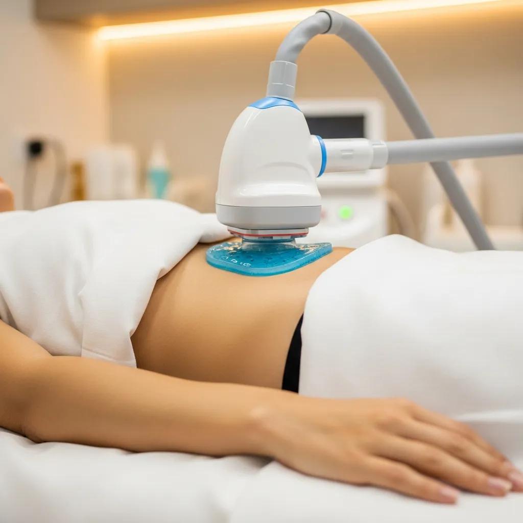 Patient undergoing cryolipolysis treatment with a cooling device applied to the abdomen