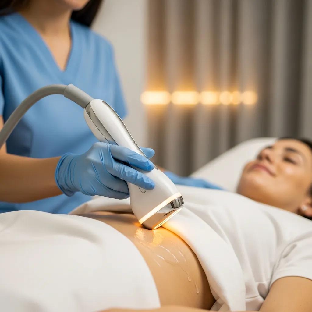 Practitioner performing radiofrequency body contouring treatment on a patient's thigh