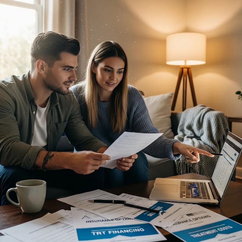 Couple reviewing financing and membership options for testosterone therapy at home
