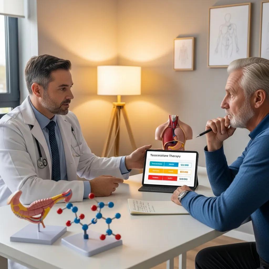 Clinician explaining testosterone therapy options and cost considerations to a patient