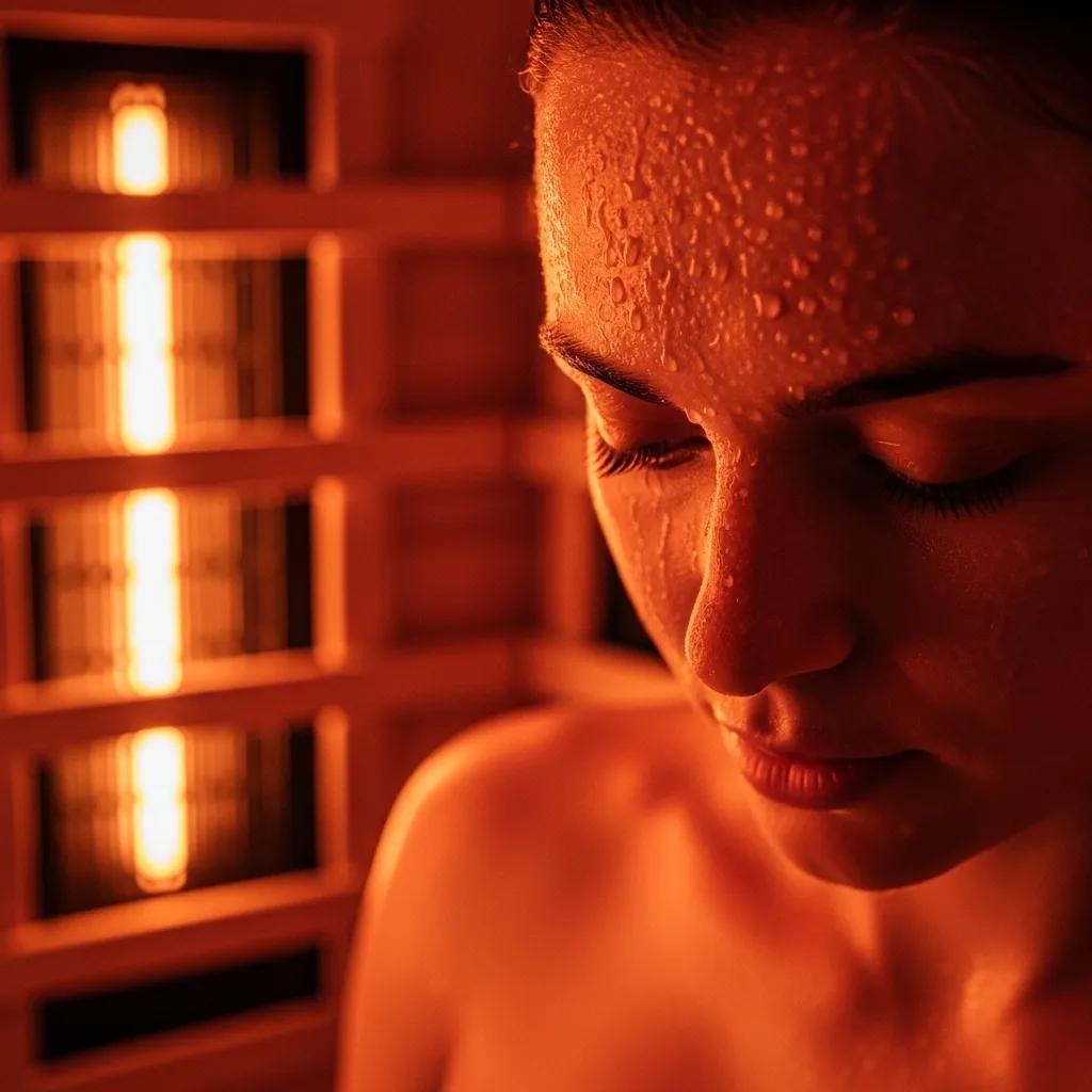 Person sweating in an infrared sauna, illustrating detoxification and metabolic health